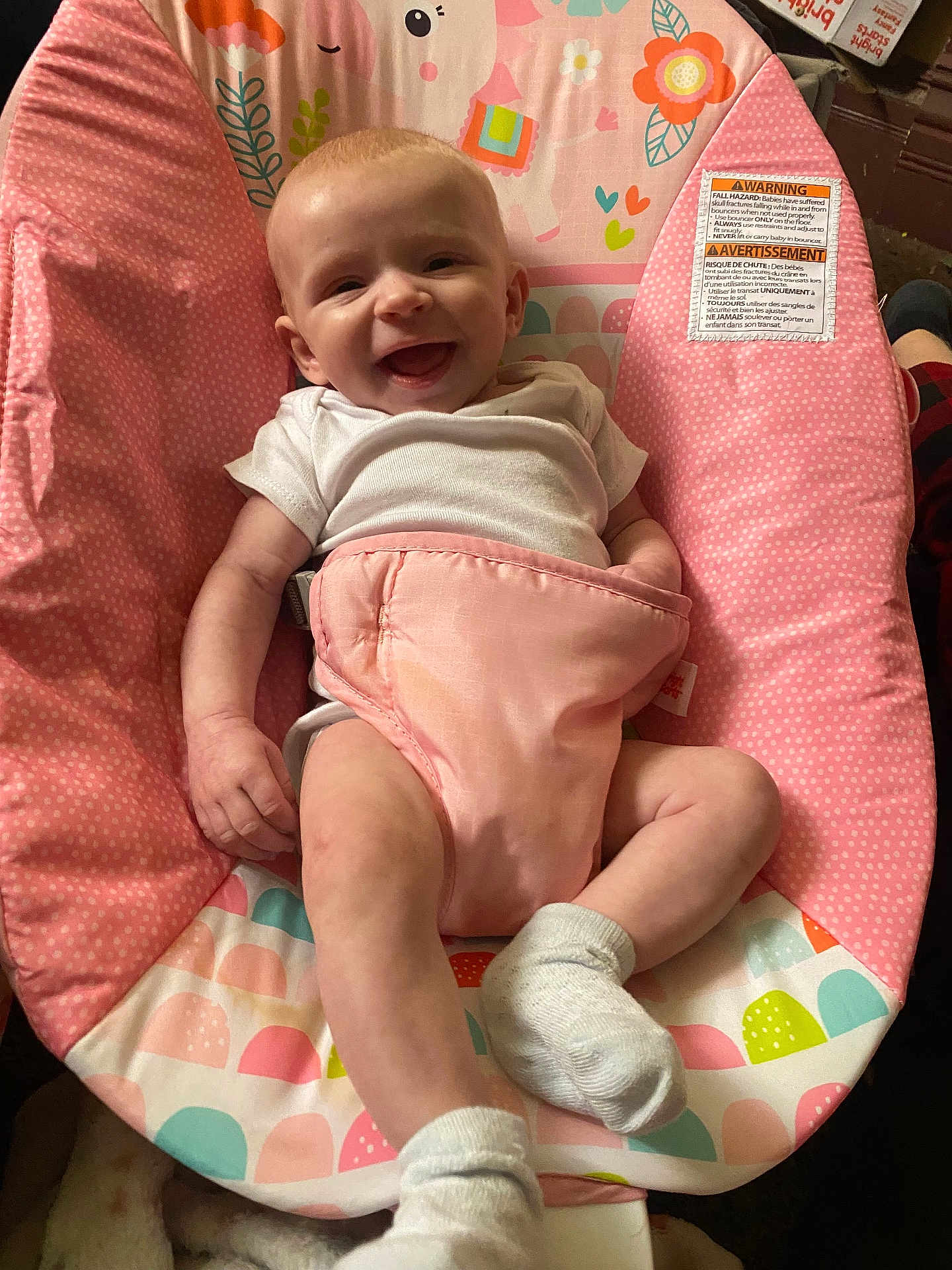 Lakelyn joined the competition — help win amazing prizes! baby, infant, smiling, pink, baby_seat, child, cute, happy, socks, white_clothing, patterned, soft_toys, indoor, comfort, playful, colorful, person, small, young_child, relaxed