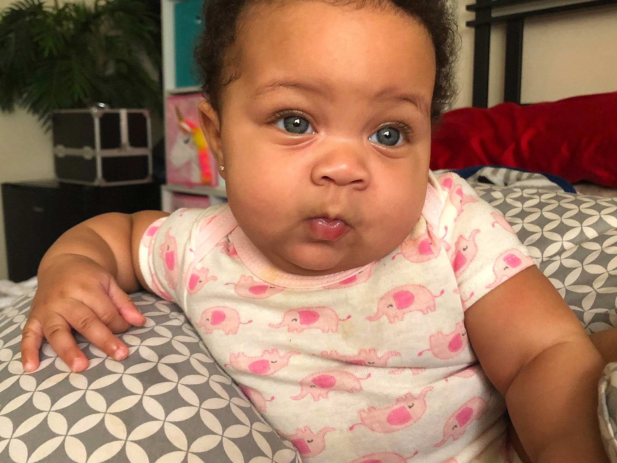 Brielle is registered to the contest to win money with this photo: baby, baby_toddler_clothing, cheek, comfort, ear, eye, eyelash, face, finger, forehead, gesture, happy, head, houseplant, iris, lip, mouth, nose, person, skin