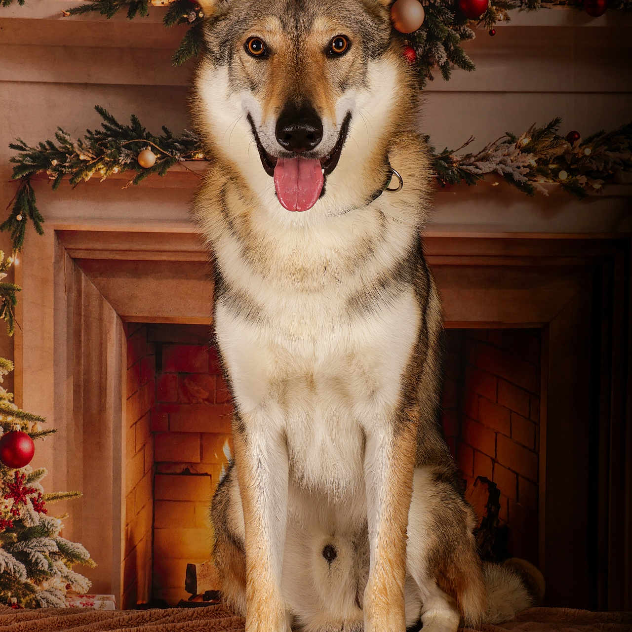 Vair a rejoint le concours — aidez-le/la à gagner de superbes lots ! animal, blanket, canine, christmas, cozy, decorations, dog, ears_up, festive, fireplace, fur, gift, holiday, indoor, ornaments, pet, sitting, smiling, tongue_out, warm_lighting