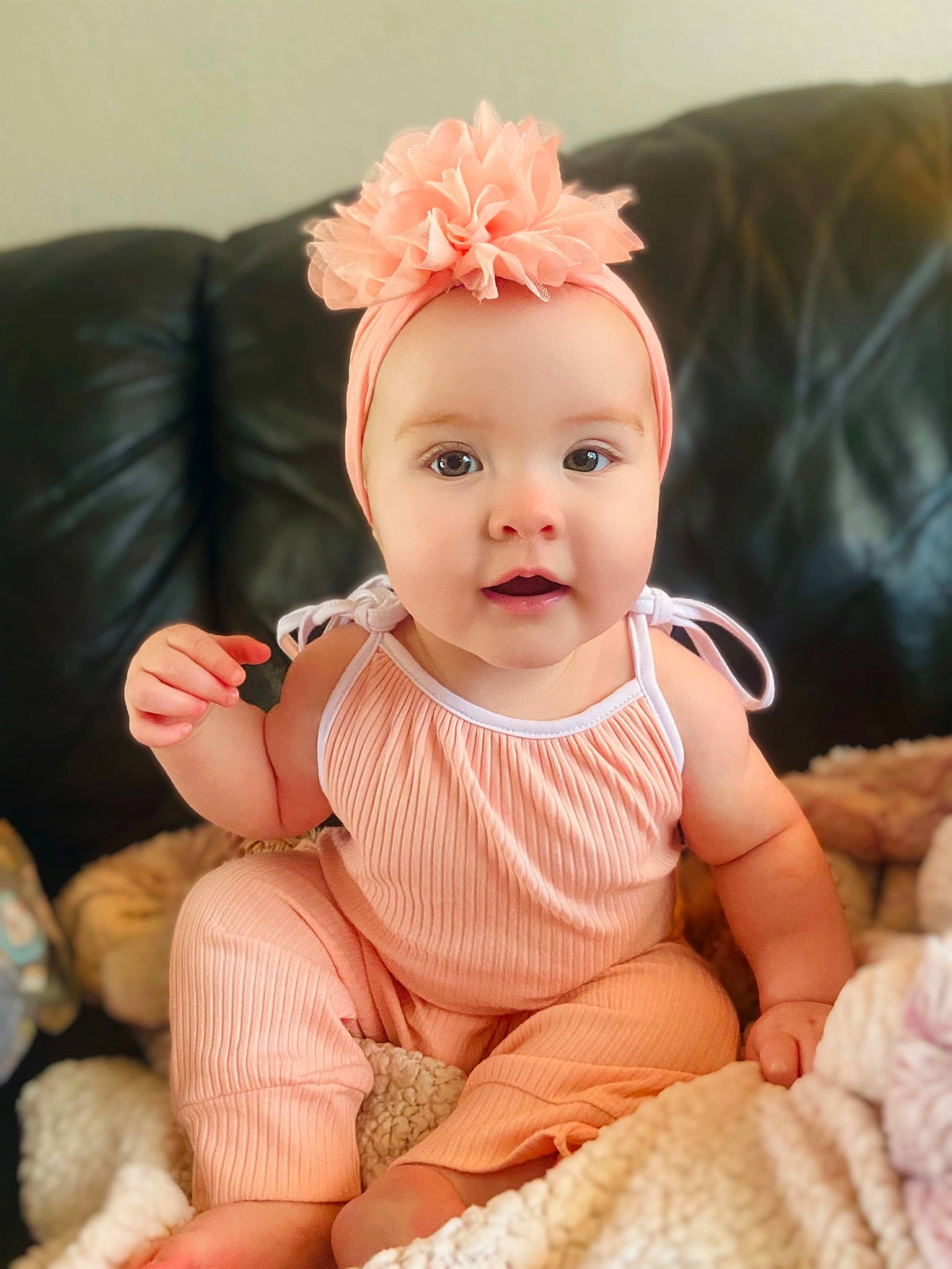 Adelynn is registered to the contest to win money with this photo: baby, baby_toddler_clothing, cheek, chin, comfort, dress, eye, eyelash, finger, happy, head, headpiece, iris, lip, neck, person, pink, skin, sleeve, textile