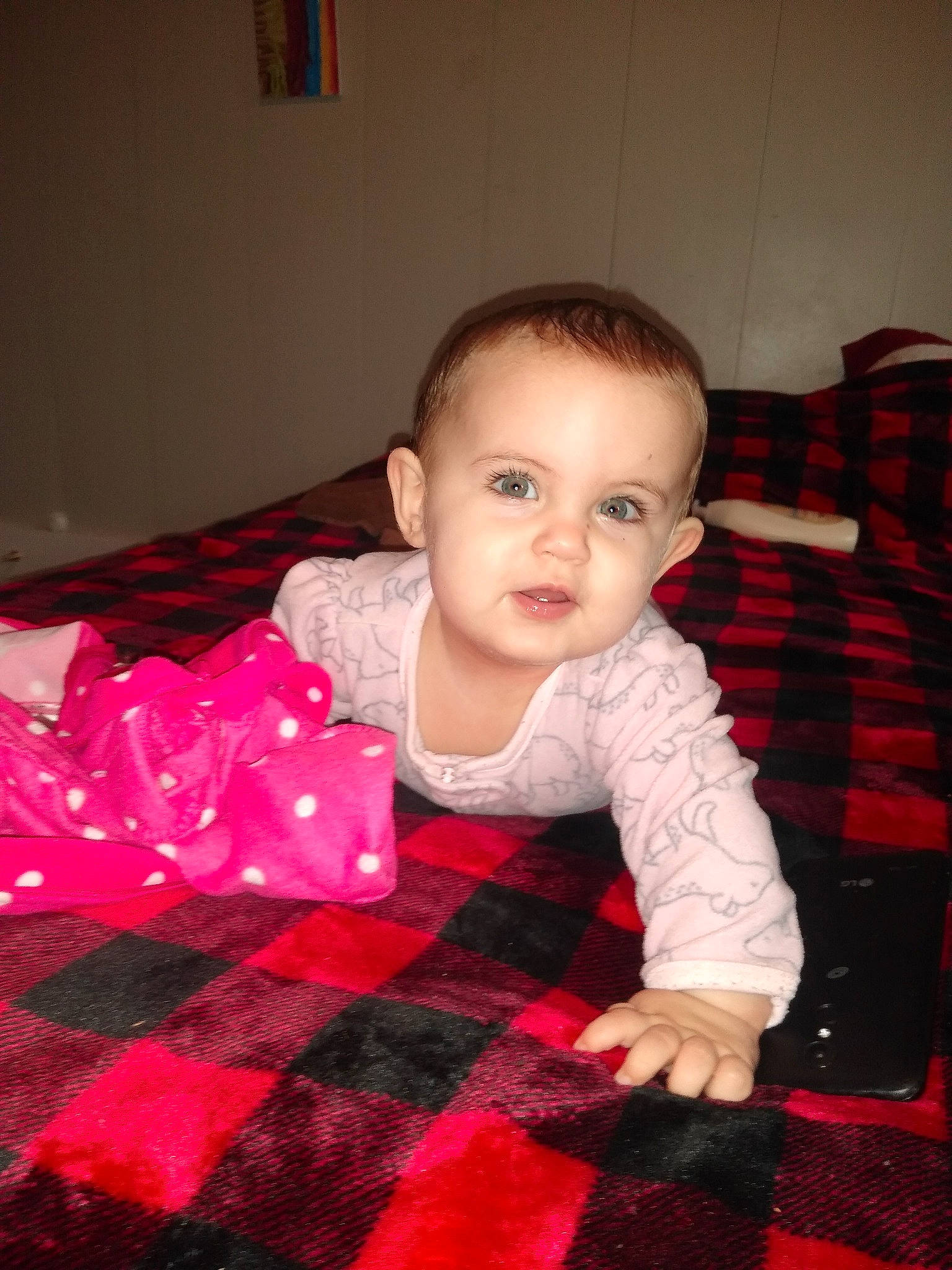 Lilyana joined the competition — help win amazing prizes! baby, cheek, child, christmas, eye, face, head, holiday, pattern, person, pink, sitting, skin, smile, toddler