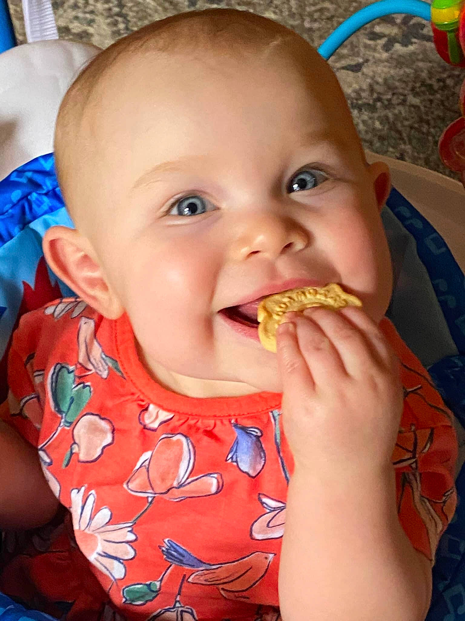 Kynlee joined the competition — help win amazing prizes! baby, baby_playing_with_food, baby_toddler_clothing, biting, cheek, child, eyelash, finger, food_craving, fun, happy, iris, lip, mouth, nail, nose, orange, person, skin, smile