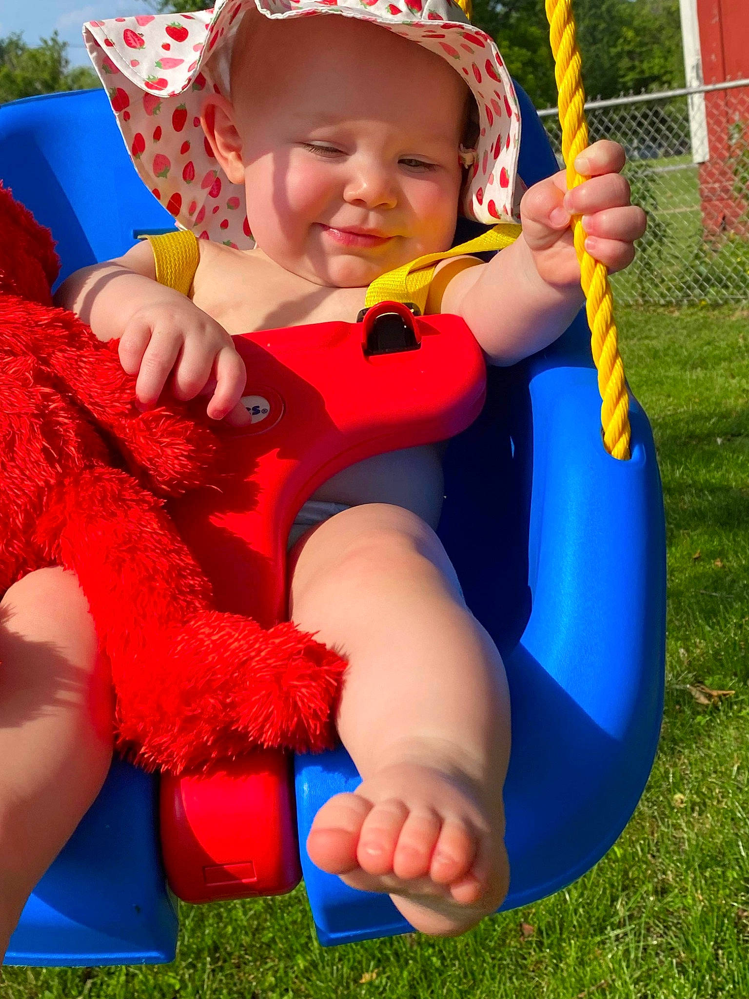 Kynlee joined the competition — help win amazing prizes! baby, baby_toddler_clothing, blue, child, finger, fun, grass, green, happy, headwear, joy, leisure, people_in_nature, person, photograph, playground, red, shorts, smile, summer