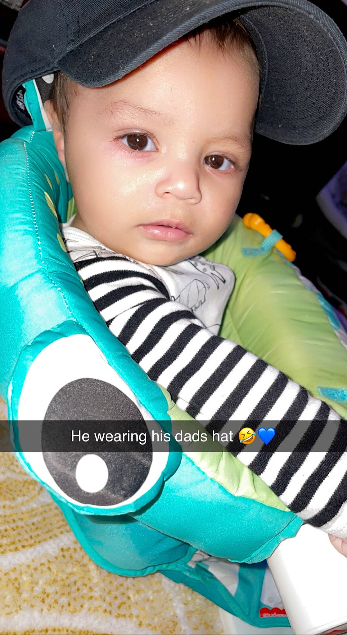 Eduardo joined the competition — help win amazing prizes! baby, baby_toddler_clothing, beauty, blue, child, cool, electric_blue, eye, face, facial_expression, flash_photography, green, happy, headgear, organ, person, personal_protective_equipment, product, sleeve, t_shirt