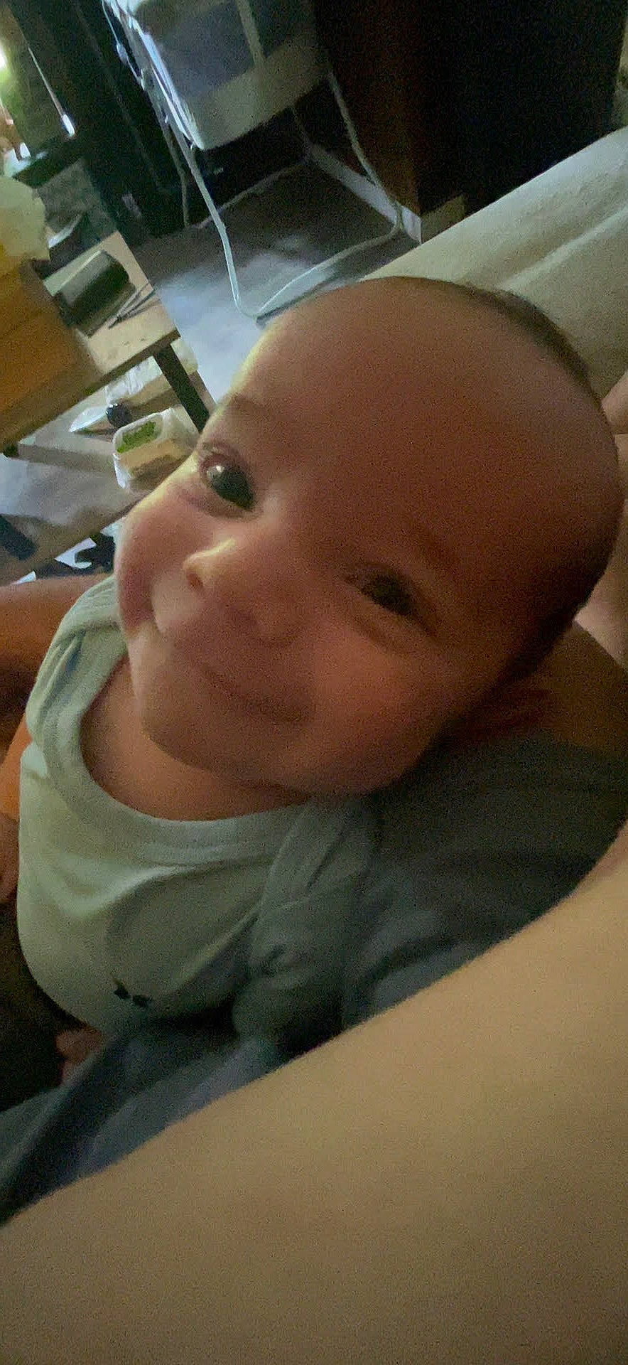 Bryson is registered to the contest to win money with this photo: baby, cheek, chin, comfort, ear, eyebrow, eyelash, facial_expression, finger, happy, iris, jaw, lip, mouth, nose, person, skin, smile, thumb, toddler