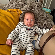 Nayïl participe au concours pour gagner de l'argent avec cette photo : baby, bag, blanket, couch, cozy, diaper_bag, drool, eyes, face, fur_pillow, hand, home_interior, infant, legs, living_room, mustard_pillow, neutral_expression, portrait, striped_onesie, throw_pillow