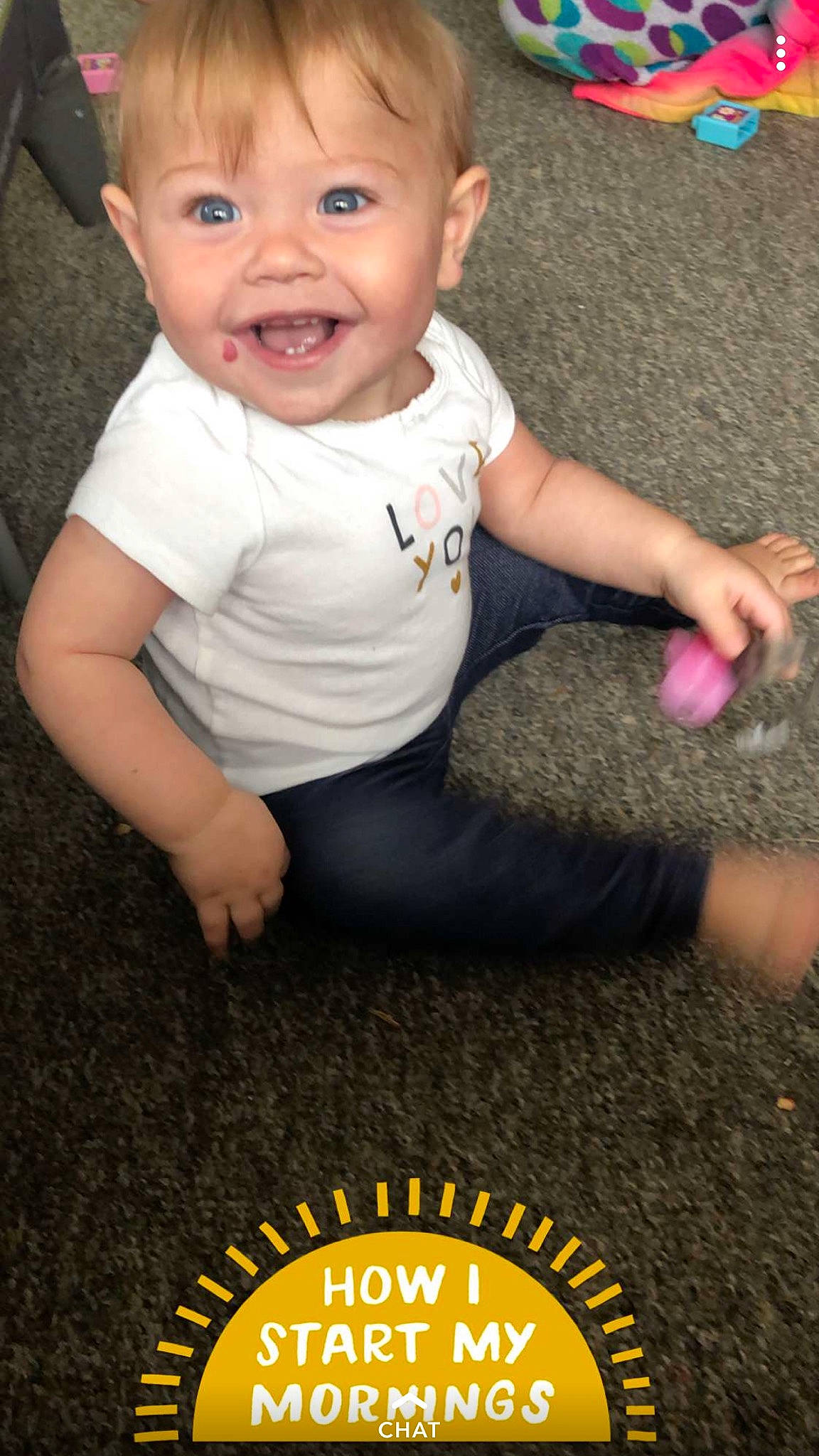 Aubreigh is registered to the contest to win money with this photo: arm, baby, baby_products, baby_toddler_clothing, child, joy, person, photo_caption, play, product, sleeve, smile, t_shirt, toddler