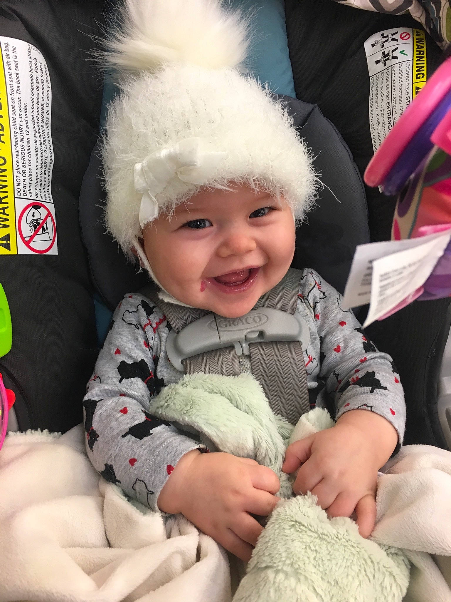 Aubreigh joined the competition — help win amazing prizes! baby, child, fur, headgear, headwear, joy, knit_cap, person, smile, toddler