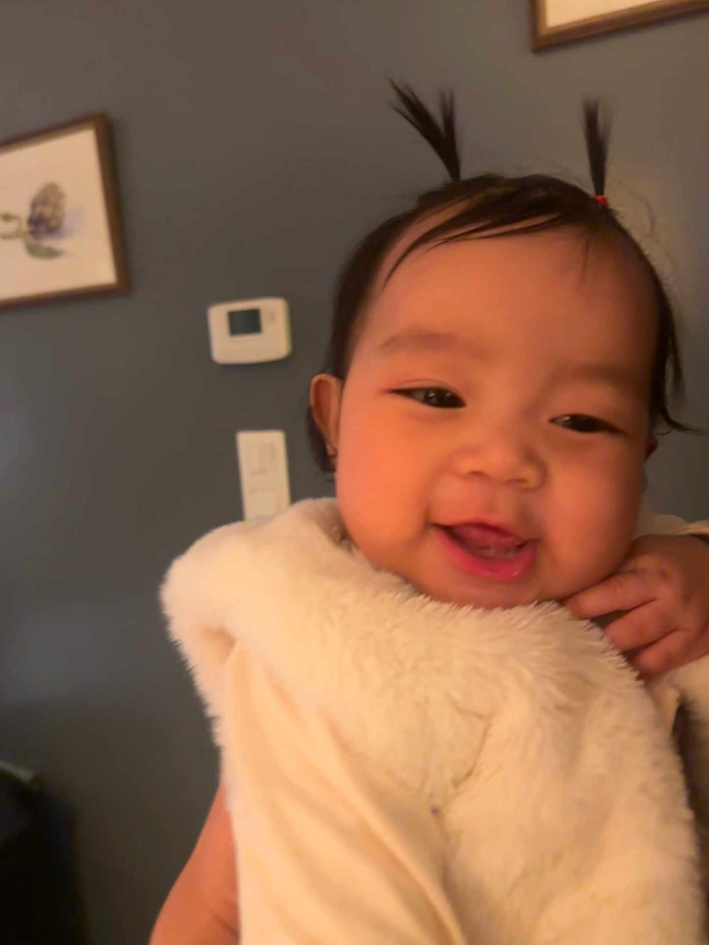 Olivia participe au concours pour gagner de l'argent avec cette photo : baby, child, smiling, indoor, blanket, cute, pigtails, face, happy, person, fur, warm, toddler, portrait, cozy, head, hand, clothing, skin, young