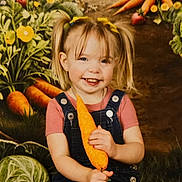 Paige joined the competition — help win amazing prizes! child, girl, pigtails, smiling, carrot, vegetables, garden, background, portrait, happy, overalls, pink_shirt, blonde_hair, nature, plants, produce, fresh, cute, outdoor, holding