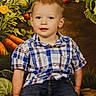 child, toddler, boy, plaid_shirt, jeans, sitting, wooden_crate, vegetable_backdrop, carrots, cabbage, strawberry, portrait, smiling, indoor, studio_photo, casual_clothing, cute, young_child, short_hair, face