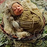 newborn, baby, sleeping, knitted_outfit, bear_ears, basket, blanket, soft_toys, plush, greenery, cozy, portrait, infant, cute, sleep, wrapped, child, resting, nature, adorable