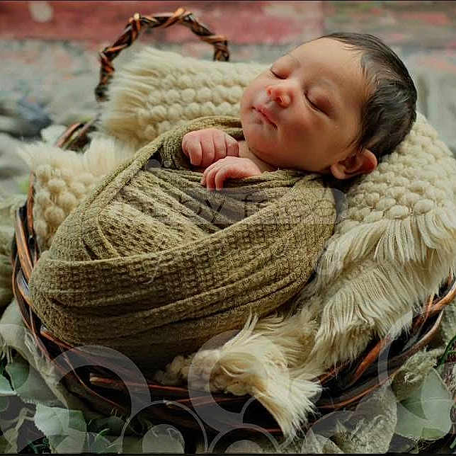 Jose joined the competition — help win amazing prizes! newborn, baby, sleeping, basket, blanket, knitted, cozy, wrapped, infant, peaceful, soft, greenery, portrait, cute, child, resting, indoors, fabric, head, peace