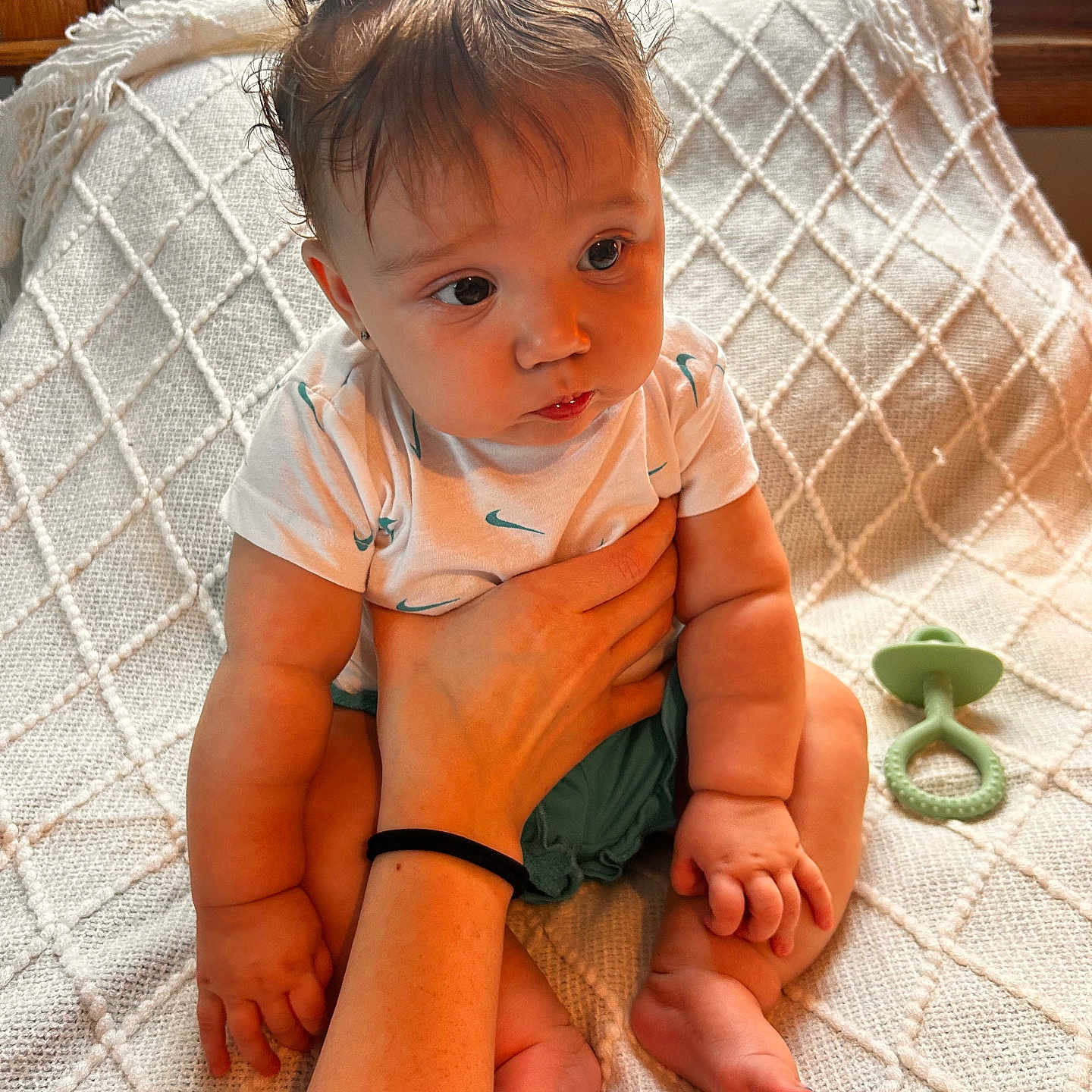 Mazy joined the competition — help win amazing prizes! arm, baby, blanket, child, clothing, cute, expression, foot, hair_tie, hand, indoor, infant, pacifier, person, ponytails, sitting, skin, support, tattoo, texture