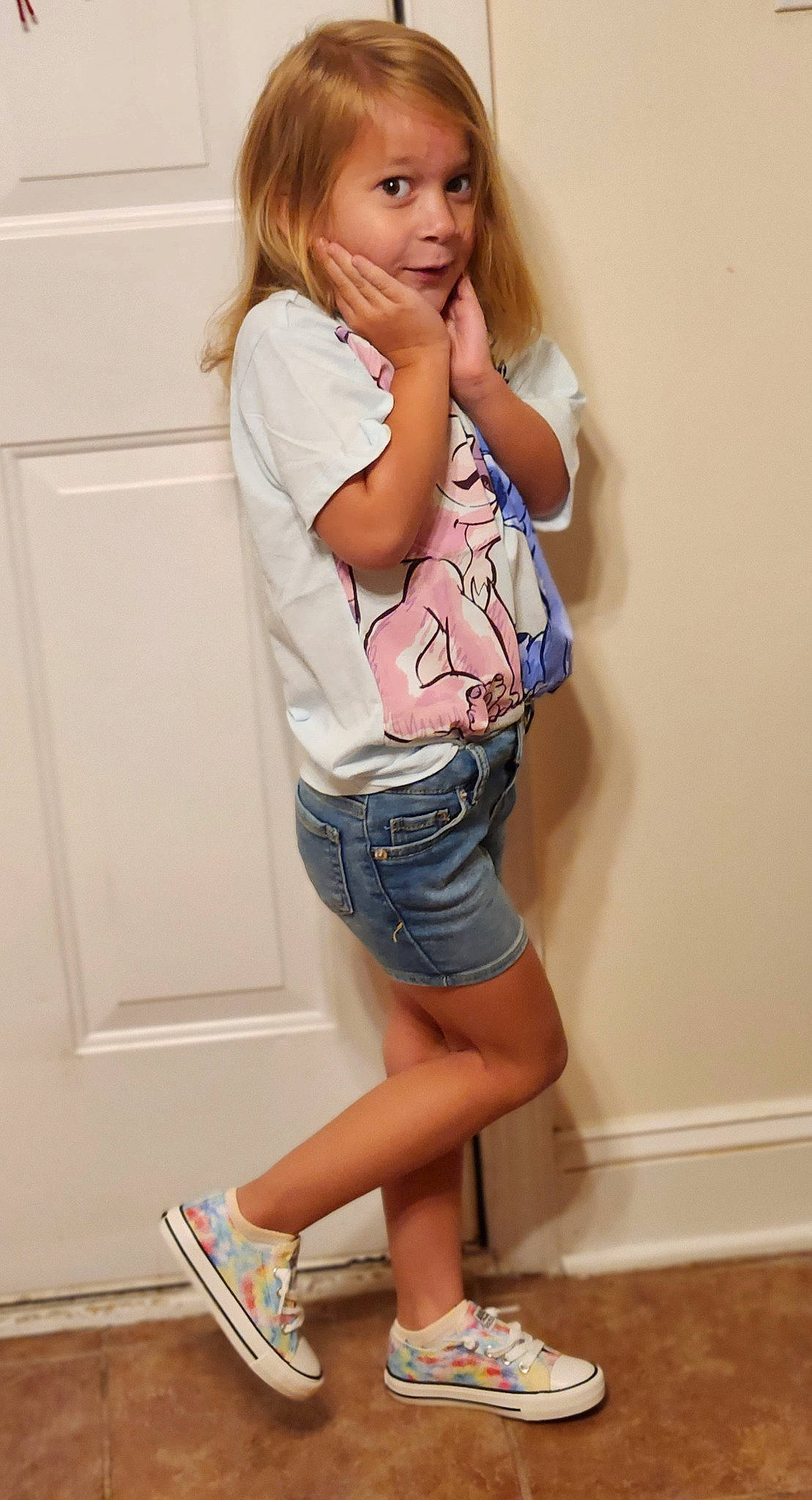 Hadley joined the competition — help win amazing prizes! abdomen, clothing, denim, elbow, face, head, jean_short, joint, knee, leg, long_hair, neck, person, shorts, shoulder, sleeve, standing, t_shirt, thigh, trunk