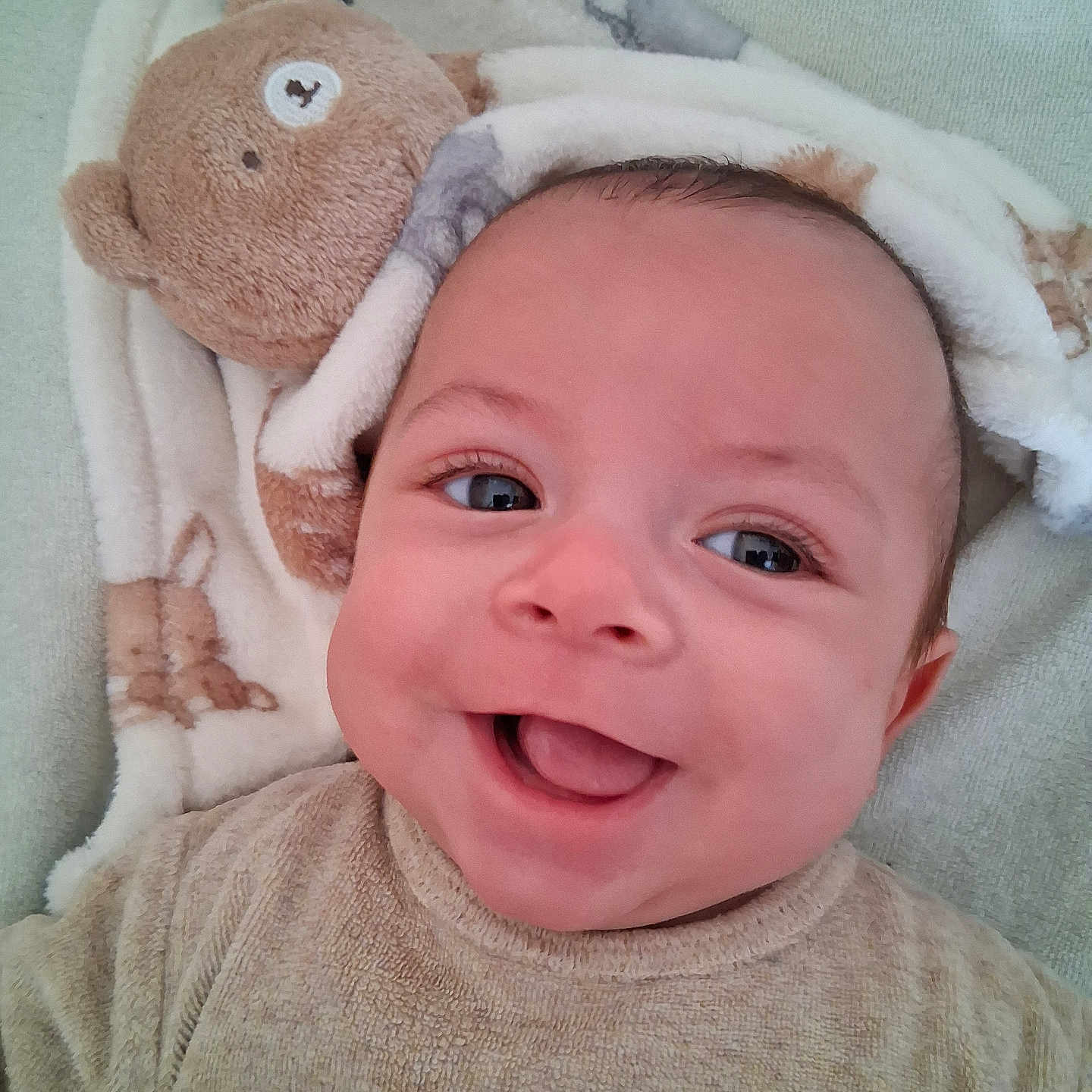 Aylane participe au concours pour gagner de l'argent avec cette photo : baby, blanket, cheeks, closeup, clothing, cute, eyes, face, happy, head, infant, lying_down, newborn, plush_toy, portrait, skin, smile, soft_texture, teddy_bear, tongue