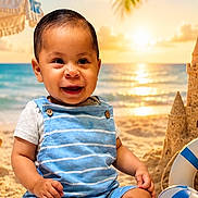 Aram is registered to the contest to win money with this photo: baby, beach, blue, bucket, child, footwear, happy, ocean, outdoor, overalls, palm_tree, sand, sandcastle, shovel, smiling, sunlight, sunset, toy, vacation, water