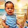 baby, beach, blue, bucket, child, footwear, happy, ocean, outdoor, overalls, palm_tree, sand, sandcastle, shovel, smiling, sunlight, sunset, toy, vacation, water
