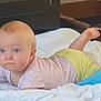 Ashley a rejoint le concours — aidez-le/la à gagner de superbes lots ! baby, infant, blue_eyes, blanket, pink_shirt, yellow_shorts, indoor, floor, curious, lying_down, child, toddler, soft, comfort, caucasian_baby, skin, foot, hand, face, expression