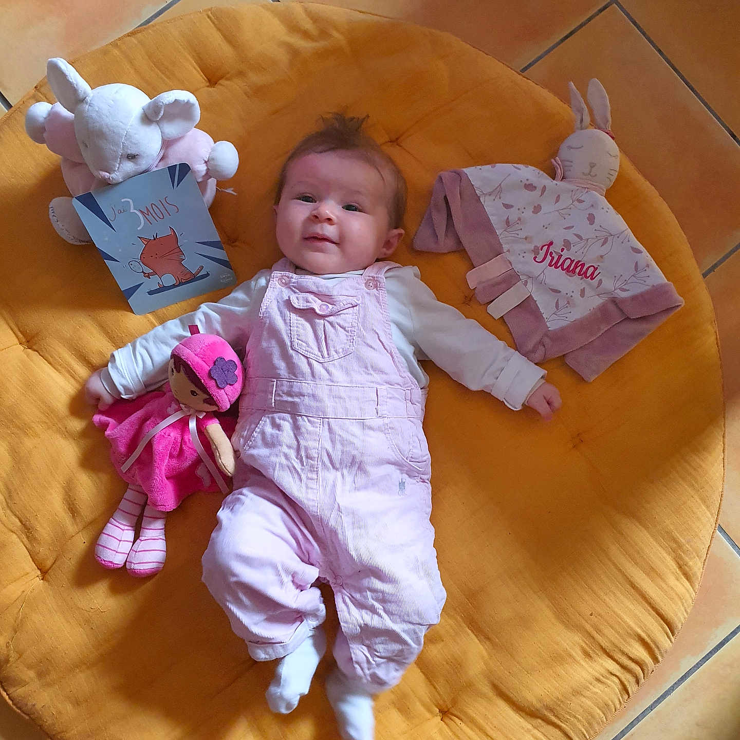 Iriana a rejoint le concours — aidez-le/la à gagner de superbes lots ! baby, baby_clothes, blanket, child, comfort, cushion, cute, doll, face, floor_tiles, head, indoor, infant, person, pink_overalls, playful, resting, smile, soft_toy, stuffed_toy