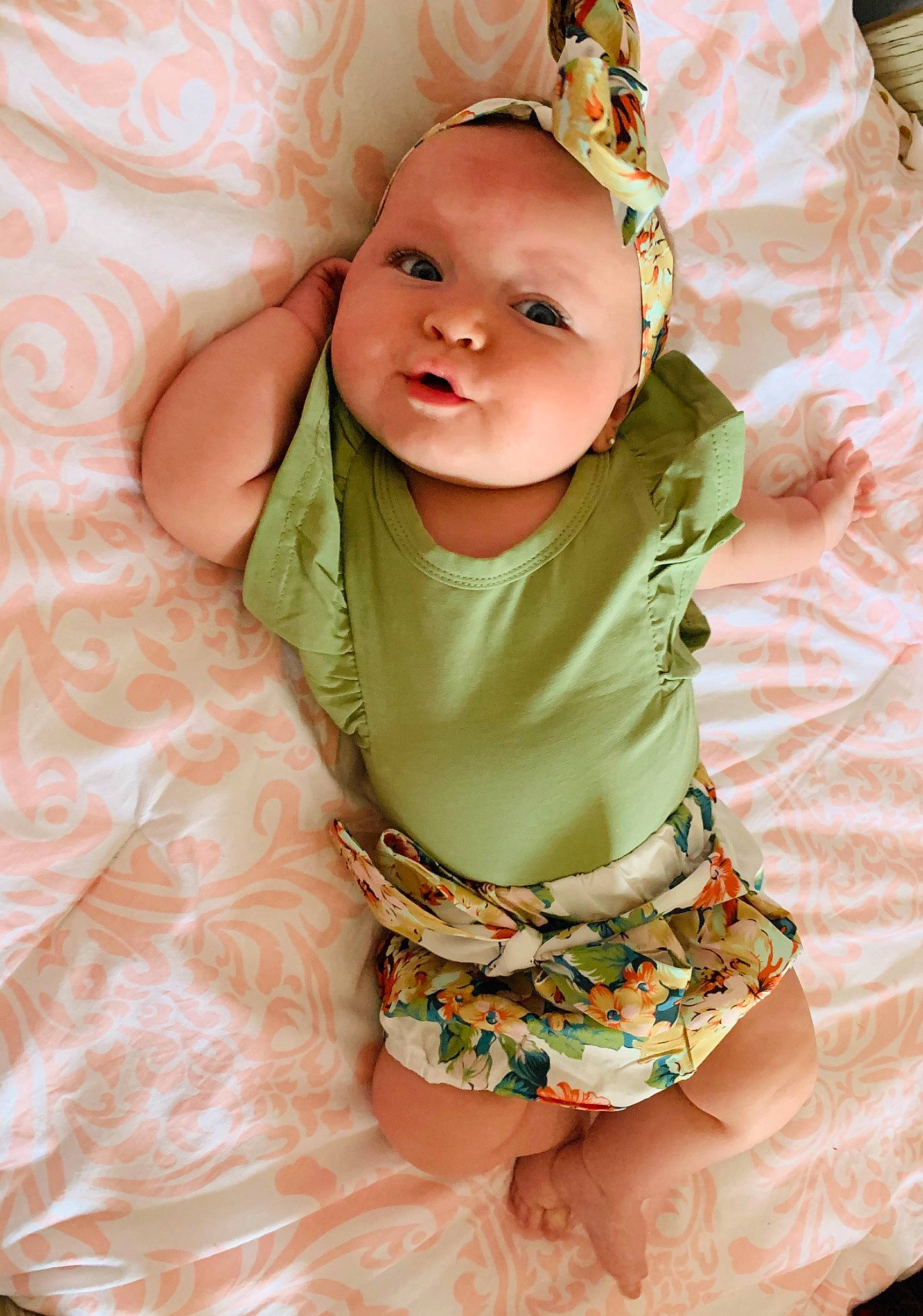 Bella is registered to the contest to win money with this photo: baby, baby_toddler_clothing, child, child_model, pattern, person, smile, toddler