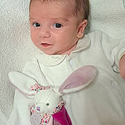 Emma a rejoint le concours — aidez-le/la à gagner de superbes lots ! baby, infant, plush_toy, bunny, soft_blanket, white_outfit, cute, portrait, child, indoor, toy, soft_texture, small_face, lying_down, cozy, innocent, adorable, closeup, baby_girl, newborn