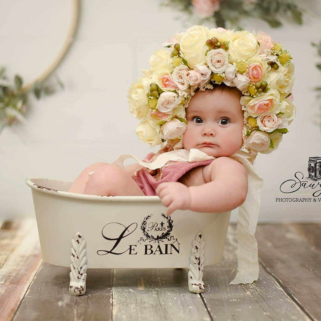 Olivia Grace joined the competition — help win amazing prizes! artificial_flower, baby, bouquet, child, cut_flowers, fashion_accessory, flower, flower_girl_basket, headgear, headpiece, person, pink, plant, smile, toddler