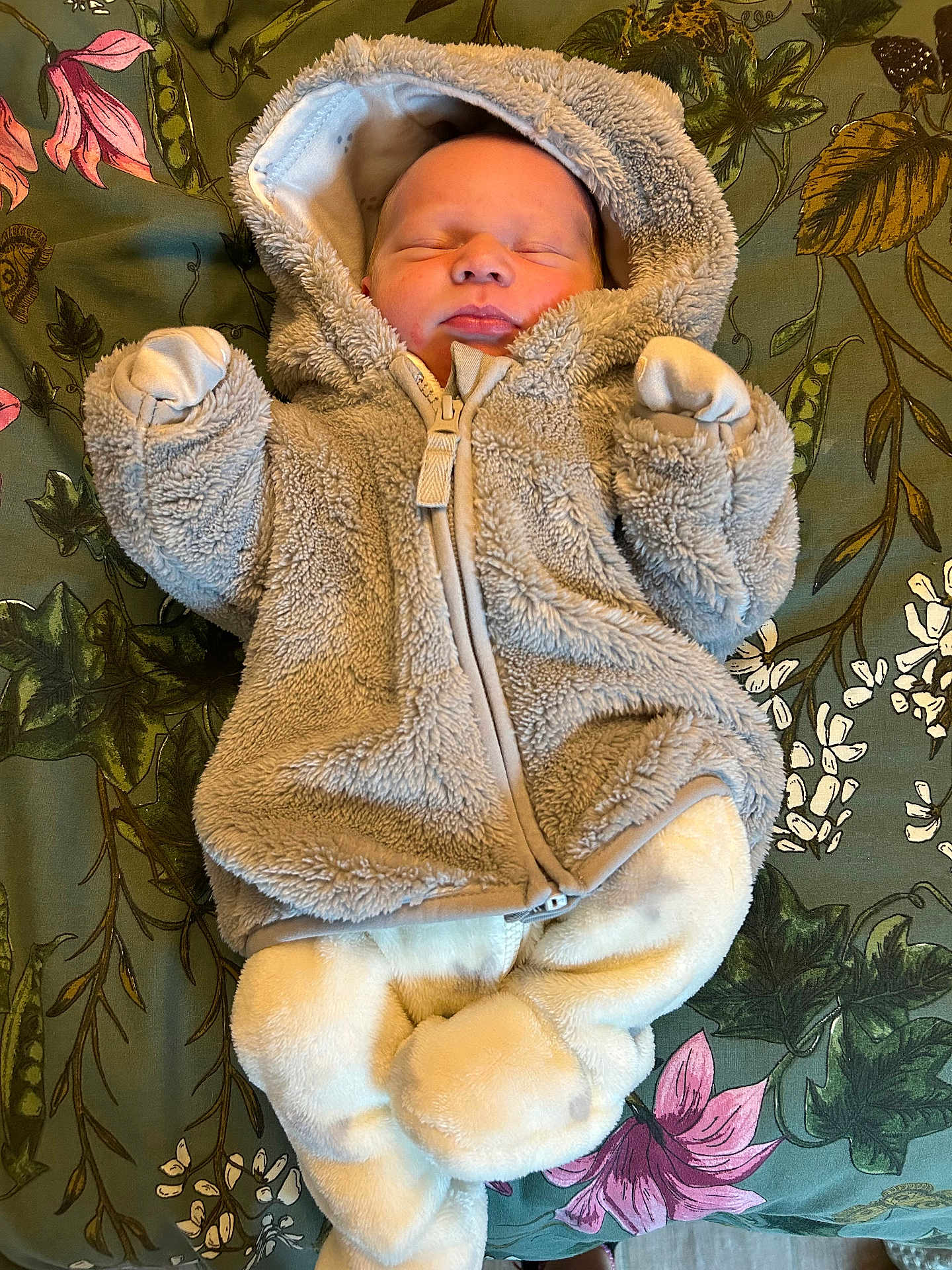 Sidney joined the competition — help win amazing prizes! baby, sleeping, hooded_jacket, fluffy_clothing, blanket, floral_pattern, infant, cozy, cute, soft_texture, child, lying_down, pajamas, warm_clothes, peaceful, adorable, newborn, portrait, indoors, resting