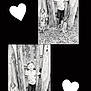 child, boy, smiling, black_and_white, trees, outdoor, nature, grass, wood, playful, young, person, casual_clothing, happy, portrait, standing, daylight, tree_trunks, leaves, scenery