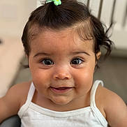 Alma a rejoint le concours — aidez-le/la à gagner de superbes lots ! baby, child, face, smile, hair, hair_tie, white_tank_top, eyes, cute, portrait, skin, indoors, person, young_child, happy, close_up, infant, expression, chubby_cheeks, looking_at_camera