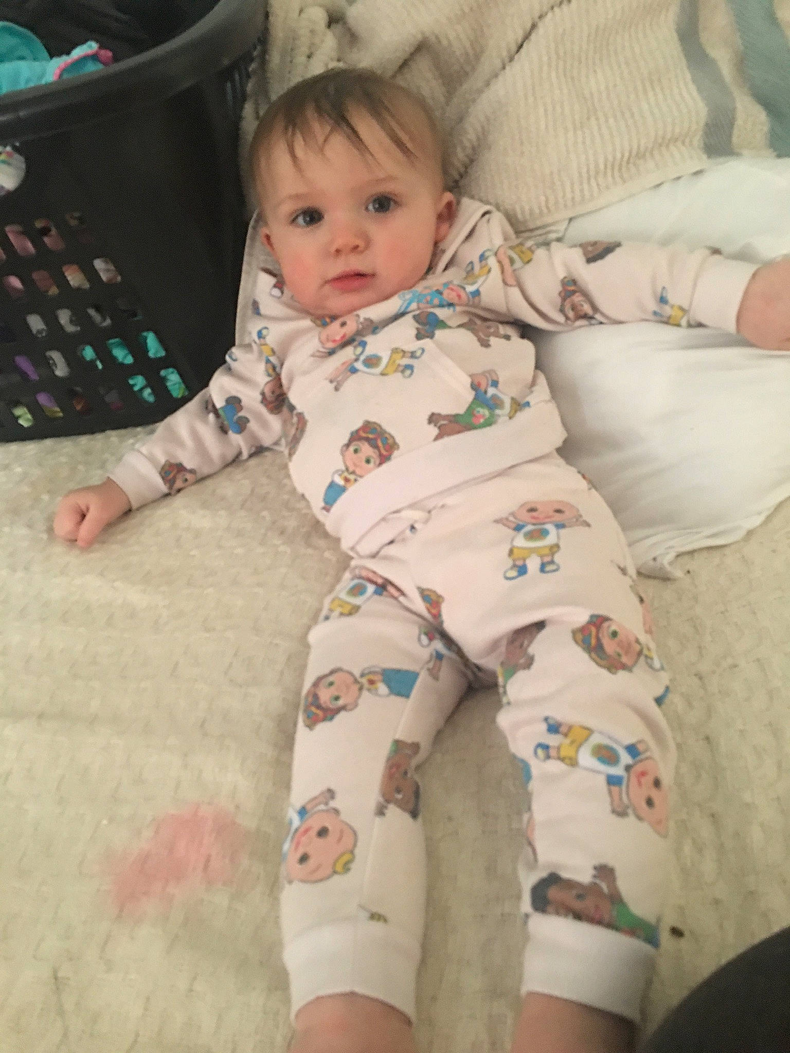 Jaxon joined the competition — help win amazing prizes! baby, baby_toddler_clothing, cheek, child, comfort, face, finger, flooring, head, human_leg, knee, leg, linens, pattern, person, sitting, skin, sleeve, sock, thigh