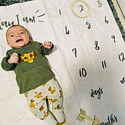 Sasha a rejoint le concours — aidez-le/la à gagner de superbes lots ! arrow_marker, baby, baby_photography, carpet, child, clothing, cute, green_shirt, growth, happy, infant, lion_king, lying_down, milestone_blanket, months, numbers, patterned_pants, ring_marker, smiling, white_blanket