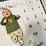 arrow_marker, baby, baby_photography, carpet, child, clothing, cute, green_shirt, growth, happy, infant, lion_king, lying_down, milestone_blanket, months, numbers, patterned_pants, ring_marker, smiling, white_blanket