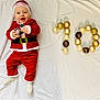 Léo participe au concours pour gagner de l'argent avec cette photo : baby, blanket, celebration, christmas, cute, decoration, face, festive, festive_balls, happy, holiday, infant, lying_down, number_10, ornament, person, red_clothing, santa_claus, smiling, white_background