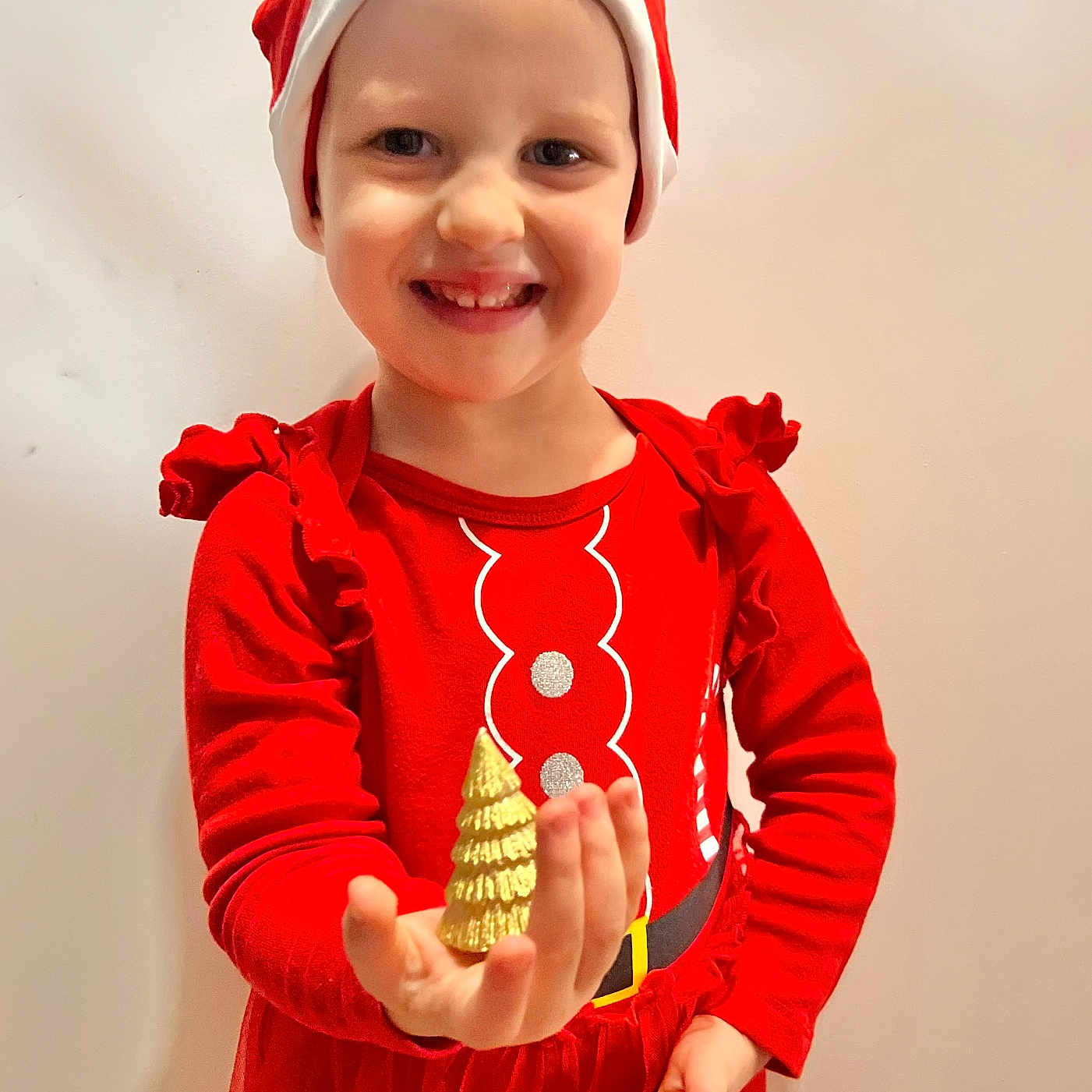 Lisa participe au concours pour gagner de l'argent avec cette photo : bright, celebration, child, christmas, cute, festive, golden_tree, happy, holiday, holiday_season, indoor, long_sleeve, ornament, person, portrait, red_clothing, santa_hat, smile, tutu, young_child