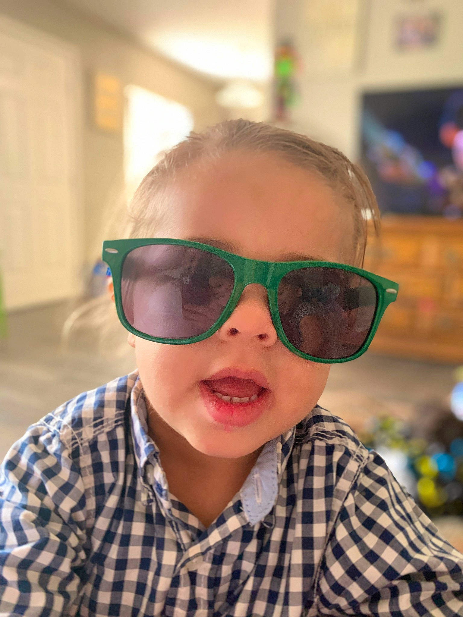 Justice is registered to the contest to win money with this photo: beard, cool, eye_glass_accessory, eyewear, fun, glasses, goggles, happy, lip, mouth, nose, people, person, personal_protective_equipment, plaid, sunglasses, tartan, tints_and_shades, toddler, vision_care