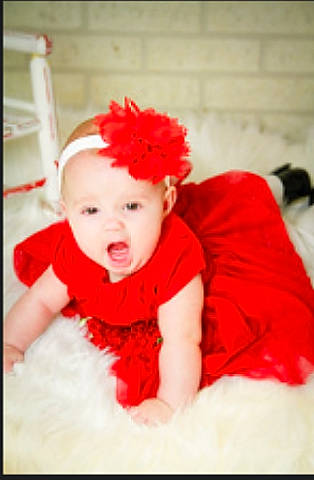 Natalie joined the competition — help win amazing prizes! baby, baby_toddler_clothing, child, child_model, costume, headgear, person, red, toddler