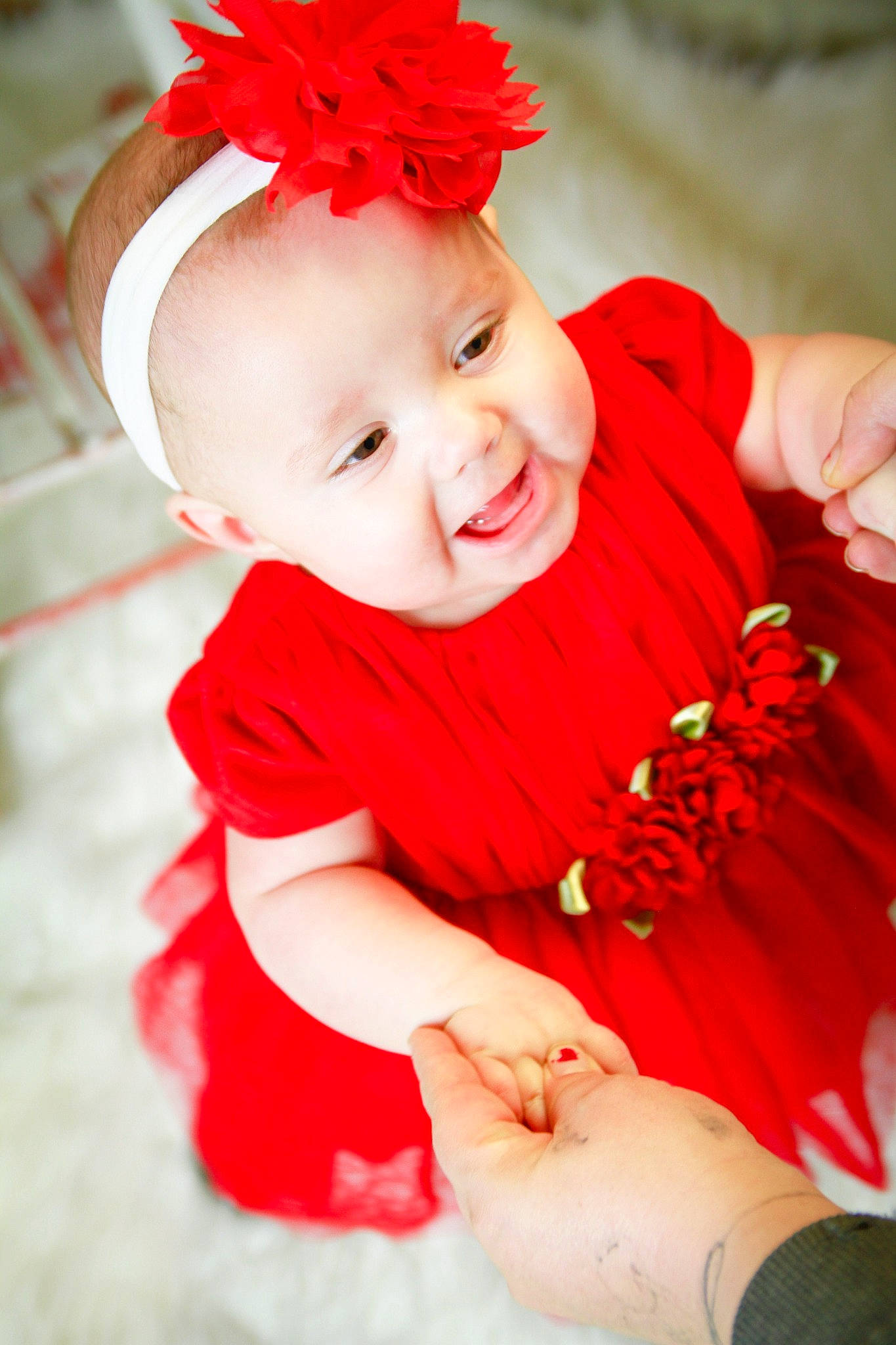 Natalie joined the competition — help win amazing prizes! baby, baby_products, baby_toddler_clothing, child, child_model, costume, fashion_accessory, hair_accessory, happy, headband, headgear, headpiece, person, photography, portrait_photography, red, skin, smile, toddler