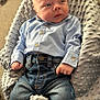 baby, infant, child, blue_shirt, denim_jeans, blanket, comfortable, soft_texture, casual_clothing, portrait, indoor, cute, small_hands, gazing, serene, resting, cozy, newborn, fashion, relaxed