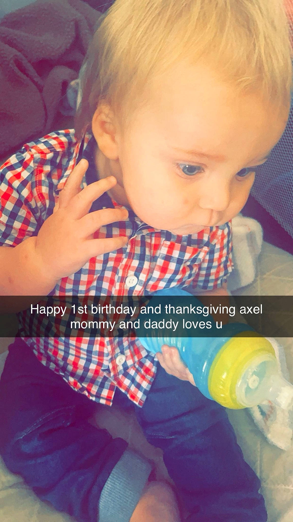 Axel joined the competition — help win amazing prizes! arm, baby, baby_toddler_clothing, cheek, cool, eyelash, facial_expression, finger, hair, hand, happy, mouth, nose, orange, person, plaid, skin, sleeve, tartan, textile