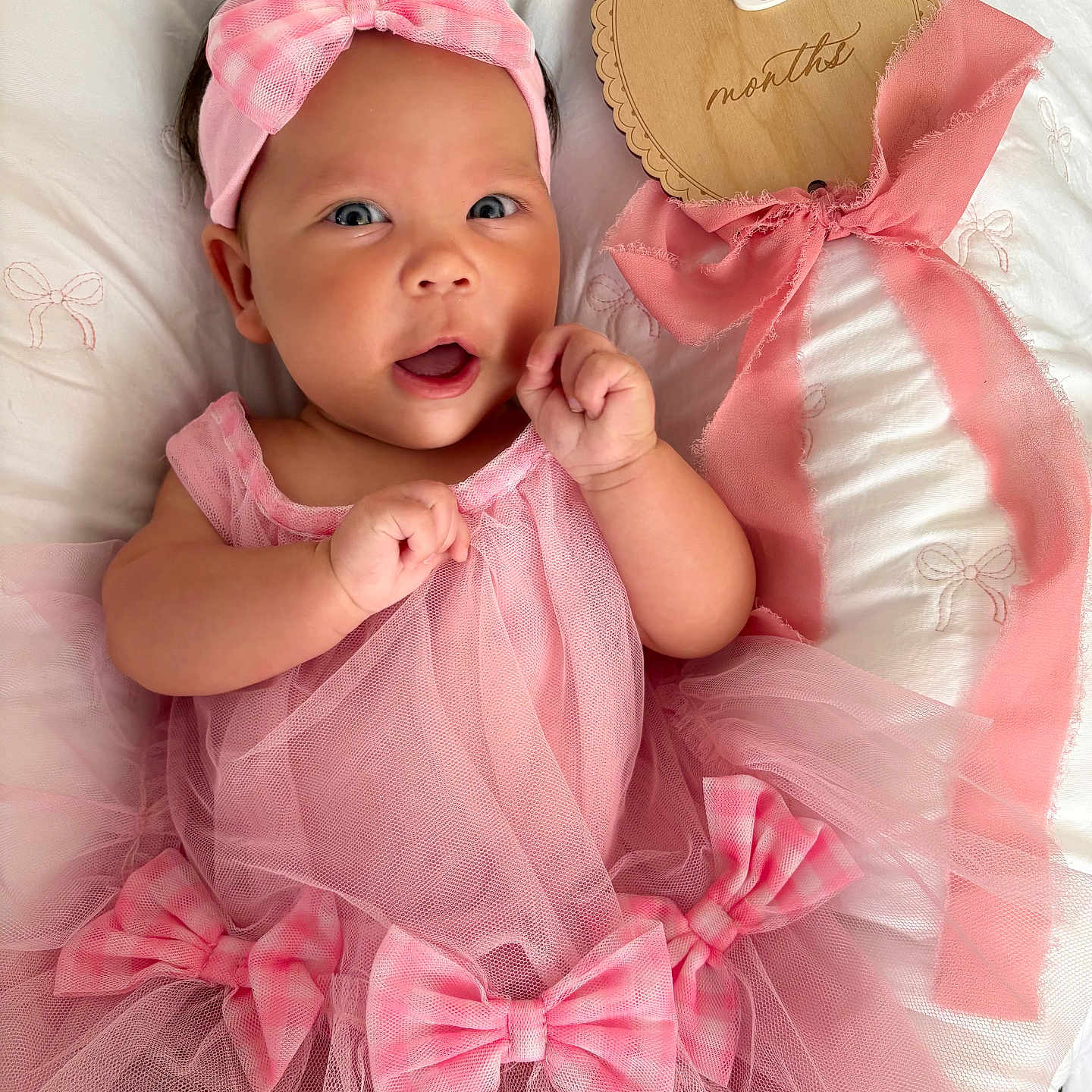 Everlee is registered to the contest to win money with this photo: baby, infant, pink_dress, headband, bows, blanket, plaque, milestone, 3_months, portrait, smiling, cute, child, newborn, celebration, lying_down, hands, face, fabric, tulle