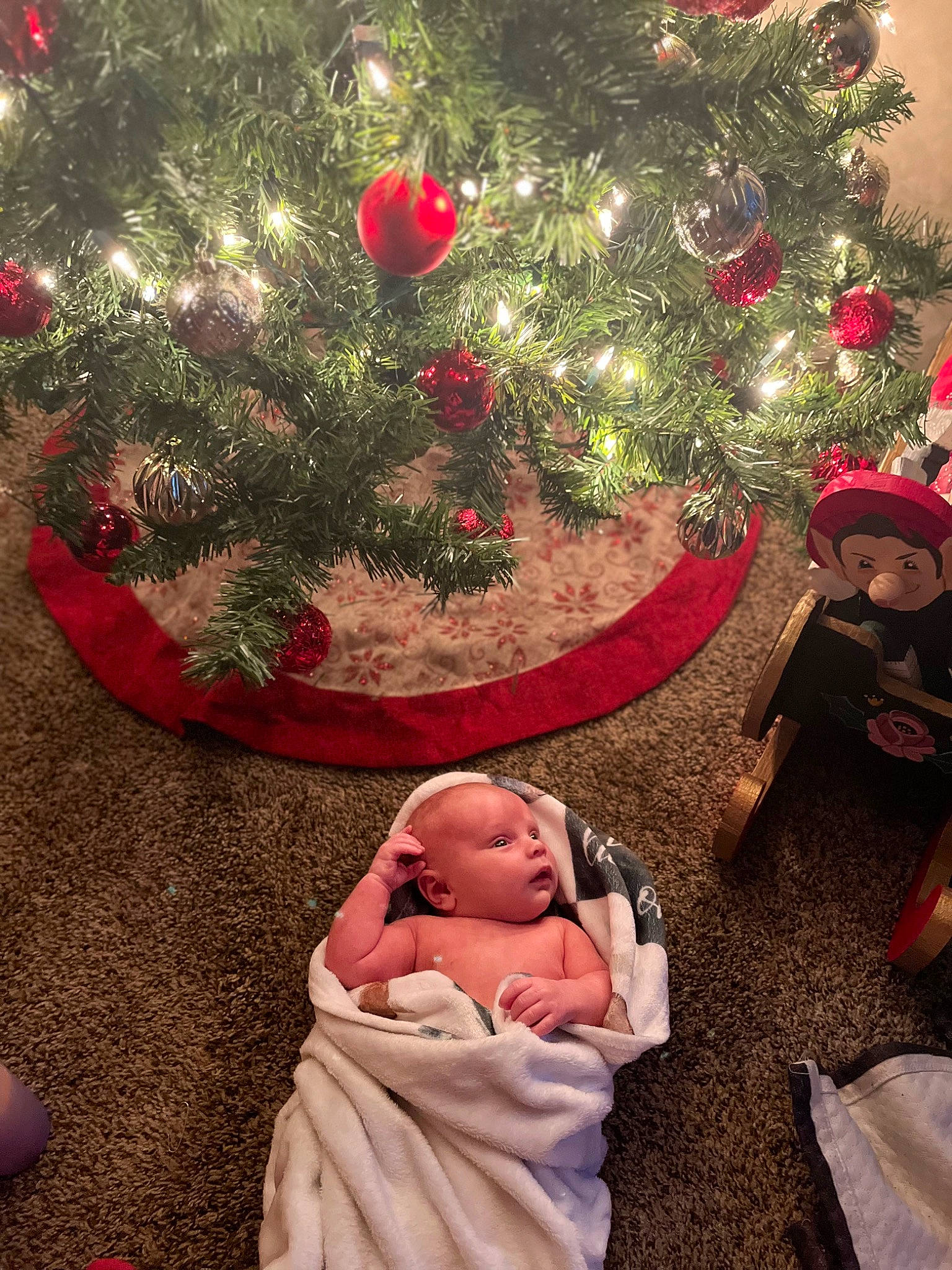 Brandon is registered to the contest to win money with this photo: baby, carmine, christmas, christmas_decoration, christmas_eve, christmas_ornament, christmas_tree, conifer, decoration, event, flower, grass, happy, holiday, holiday_ornament, ornament, person, plant, toddler, tradition