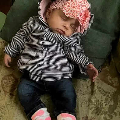 Gernyiah joined the competition — help win amazing prizes! baby, casual, child, clothing, cozy, cute, denim, fabric, headband, indoors, infant, peaceful, pink_socks, portrait, resting, sleeping, soft, striped_shirt, toddler, young_child