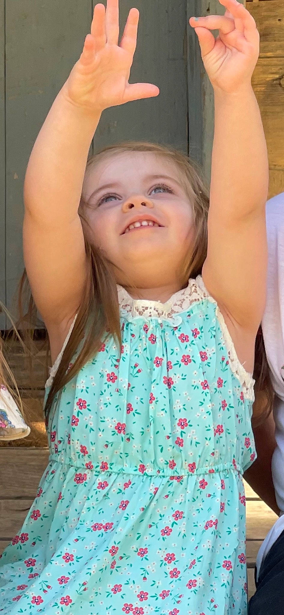 Emma Jean Tomblin is registered to the contest to win money with this photo: azure, baby_toddler_clothing, chin, dress, eye, facial_expression, fashion, hairstyle, hand, happy, human_body, joint, joy, neck, organ, person, photograph, shoulder, skin, sleeve