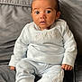 Vinnie-James is registered to the contest to win money with this photo: baby, infant, child, couch, clothing, blue_outfit, face, eyes, expression, sitting, hands, feet, home, indoors, soft_fabric, cute, portrait, young, person, apparel