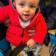 Lucas participe au concours pour gagner de l'argent avec cette photo : adult, background_child, black_strap, candid, child, closeup, curious, face, floor_texture, footwear, green_socks, hand, holding, indoor, patterned_pants, person, red_jacket, seated, toddler, yellow_lion_print