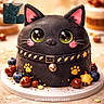 cake, black_cat, dessert, blueberries, chocolate, collar, bell, paw_print, stars, whiskers, cute, food, sweet, round, plate, background_blur, inset_photo, real_cat, green_eyes, pink_cheeks