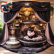 A Deeva is registered to the contest to win money with this photo: cat, black_cat, pet, indoor, luxury, throne, curtains, chandelier, plush_bed, pink_scarf, fountain, plant, window, decor, cushion, shelf, lighting, portrait, funny_face, inset_photo