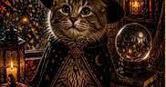 Bella Oliver is registered to the contest to win money with this photo: cat, kitten, wizard, witch_hat, cloak, fantasy, magical, moon, night, lantern, pumpkin, jack_o_lantern, crystal_ball, books, spellbook, candle, portrait, indoors, gothic, autumn