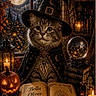 cat, kitten, wizard, witch_hat, cloak, fantasy, magical, moon, night, lantern, pumpkin, jack_o_lantern, crystal_ball, books, spellbook, candle, portrait, indoors, gothic, autumn